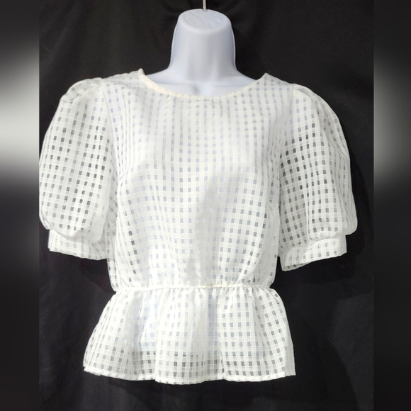 Mele E Pere Tops - Mele E Pere Womens Puff Sleeve Top Size M White Sheer Modern Checkered Coquette